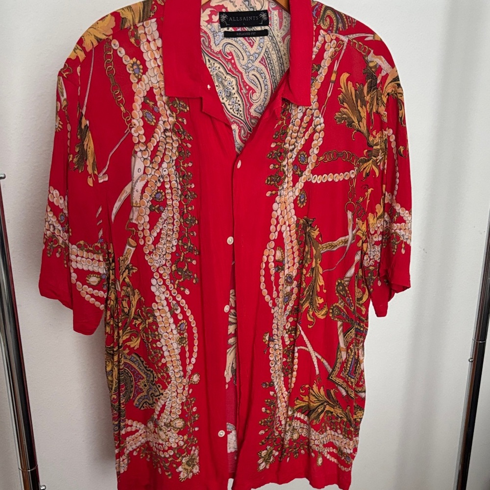 All Saints Vibrant Red Patterned Button Down Shirt